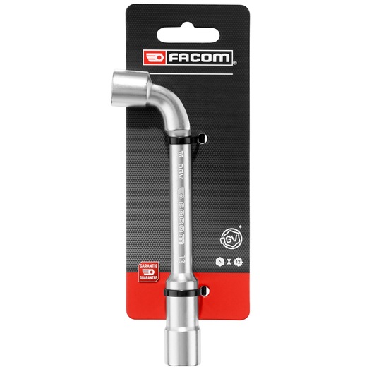 Photo of Facom 76_13PB L-shaped socket wrench in silver on retail packaging, front view.