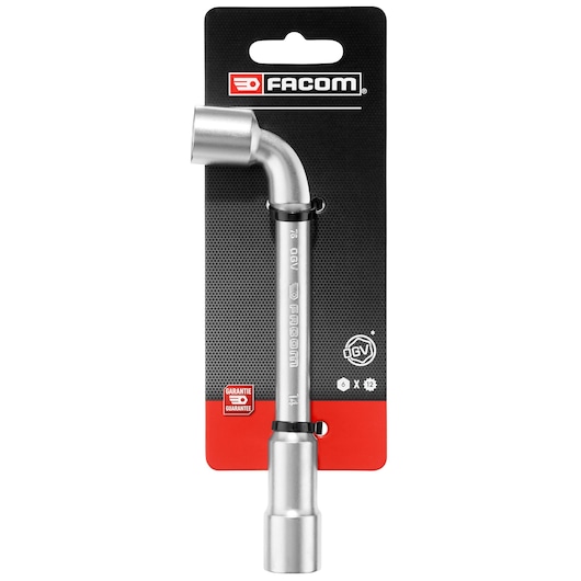 Facom 76_14PB silver L-shaped socket wrench on branded packaging, front angle, photography.