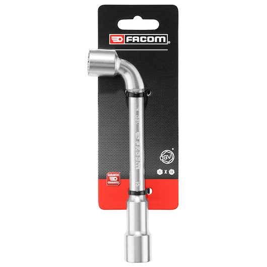 Facom 76_15PB L-shaped socket wrench, silver finish, front angle, in retail packaging.