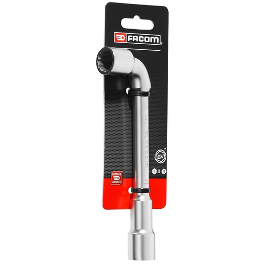 Facom 76_15PB L-shaped socket wrench, silver metal, shown on black and red branded card, front angle.