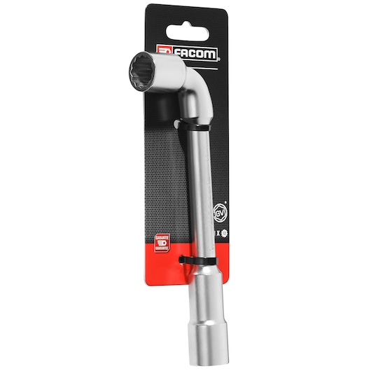 Facom 76_16PB angled socket wrench in silver on retail packaging, front view.