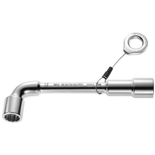 Facom 76_17SLS angled socket wrench with safety wire, silver finish, side view on white background.
