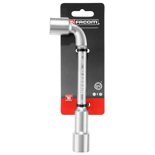 Photo of Facom 76_18PB double ended socket wrench, silver, L-shaped, on original packaging, front view.