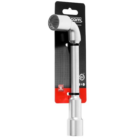 Photo of Facom 76_18PB angled socket wrench in silver finish on retail packaging, front view.