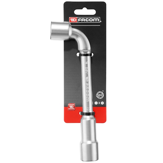 Facom PIPE_WRENCH_19MM photography, silver 19mm pipe wrench, angled head, front view on packaging.