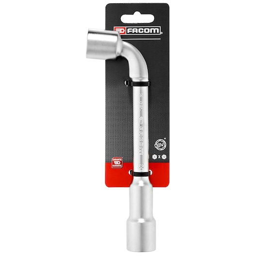 Photo of Facom 76_20PB_P1 pipe wrench 20mm, silver finish, packaging on white background, front view.