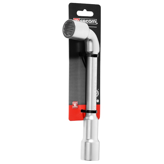 Facom PIPE_WRENCH_20MM silver pipe wrench on retail packaging, angled view.