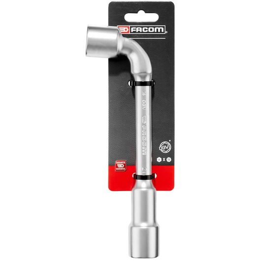 Photo of Facom 76_21PB L-shaped box wrench, silver, on branded black and red packaging, front angle.