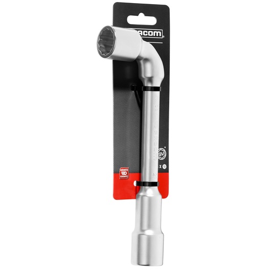 Facom 76_21PB angled box wrench, silver finish, attached to branded card, shown on white background, side view.
