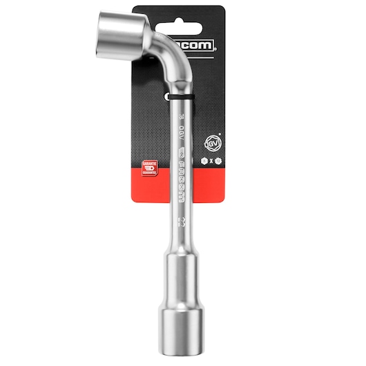Photo of Facom pipe wrench 22mm PIPE_WRENCH_22MM with chrome finish, angled socket, front view on white background.