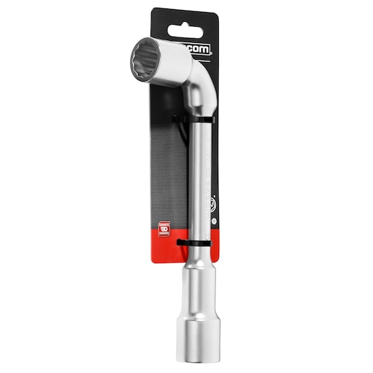 Photo of Facom 76_22PB_P2 pipe wrench 22mm, silver finish, L-shape, on retail packaging, front angle.