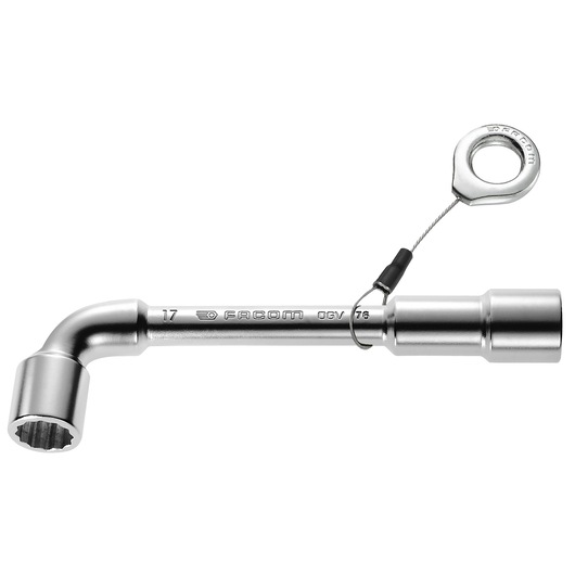 Facom 7622SLS chrome angled socket wrench with safety lanyard, side view on white background.