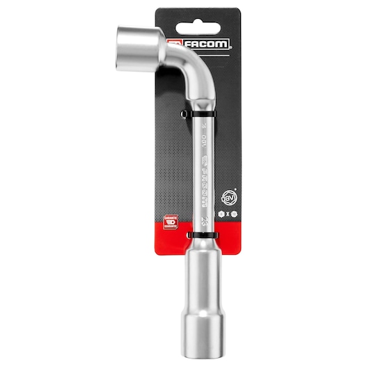 Facom pipe wrench 23mm SKU PIPE_WRENCH_23MM photography, silver L-shaped tool, front angle, on retail packaging.