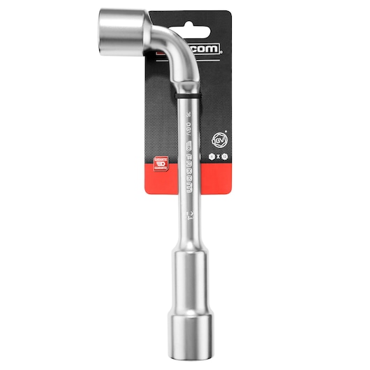Facom 76_24PB L-shaped socket wrench, silver metal, front view on white background with branded packaging.