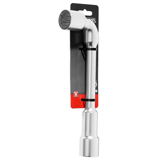 Facom 76_24PB silver L-shaped box wrench front view, attached to branded packaging.