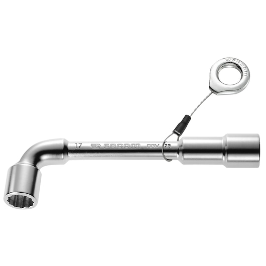 Facom 7627SLS angled silver box wrench with safety cable, photographed on white background.