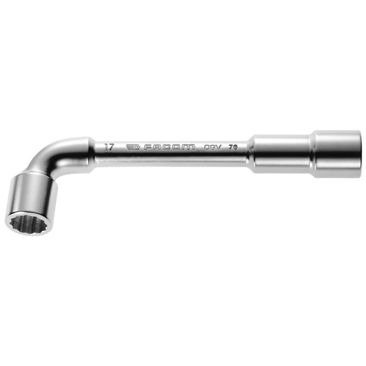 Facom 76_28 chrome finish socket wrench, side view on white background.