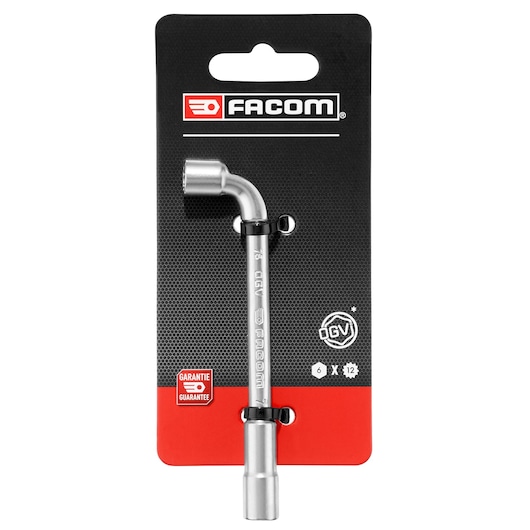 Facom 76_7PB_P1 L-shaped pipe wrench, silver, 7mm, front angle, displayed on black and red packaging PIPE_WRENCH_12_PANS_7MM.