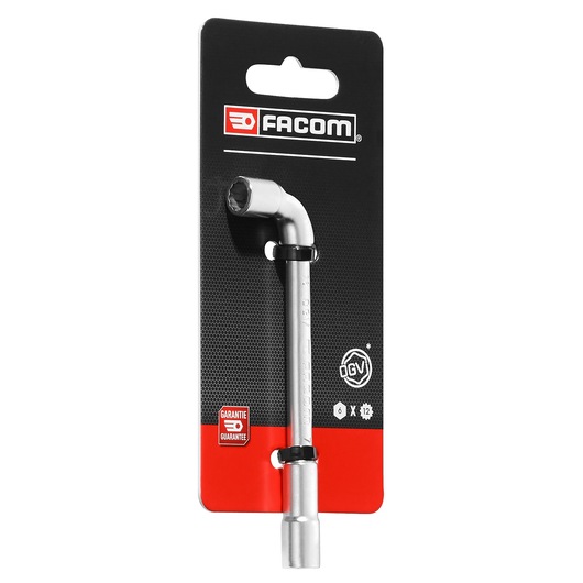 Facom PIPE_WRENCH_12_PANS_7MM chrome pipe wrench on retail card, front angle, photography.