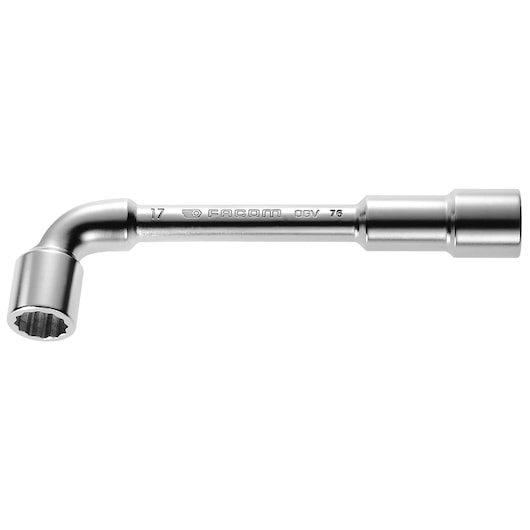 Photo of Facom 76_7 L-shaped box end wrench, chrome finish, viewed from the side on white background.