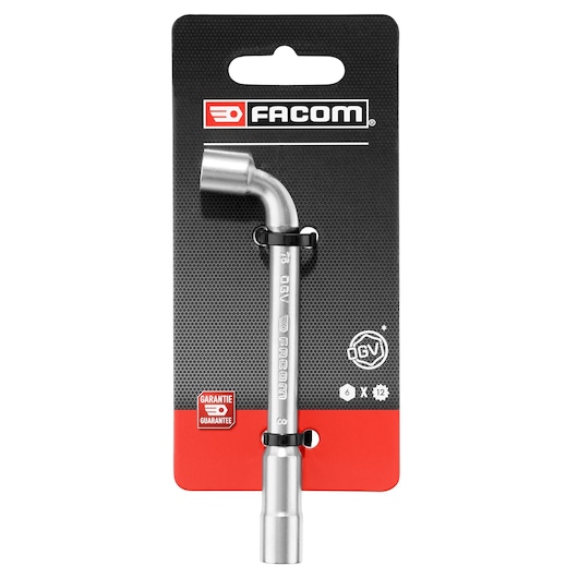 Facom pipe wrench 8mm, SKU PIPE_WRENCH_12_PANS_8MM, side angle on retail card packaging.