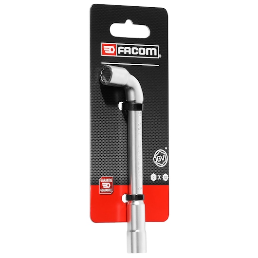 Facom pipe wrench SKU PIPE_WRENCH_12_PANS_8MM silver finish, side view on retail card.