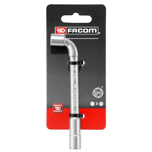 Photo of Facom 76_9PB angled box wrench on blister card, silver finish, tool secured with black fasteners, front view.