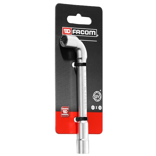 Facom 76_9PB box end wrench with angled head, silver finish, attached to branded black and red packaging, front view.