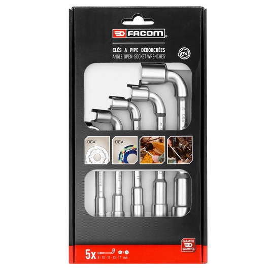 Photo of Facom 76_J5PB angle open-socket wrench set in retail packaging, five silver wrenches in assorted sizes, front view.