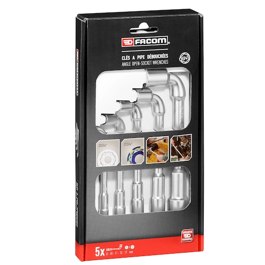 Photo of Facom 76_J5PB angled open-socket wrench set, five silver wrenches in black retail packaging, front angle.