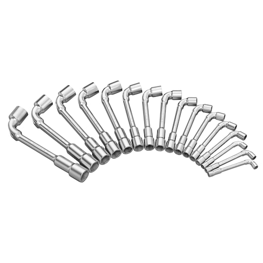 Facom 76JE16 set of 16 offset socket wrenches in a fanned arrangement, silver finish, front angle.