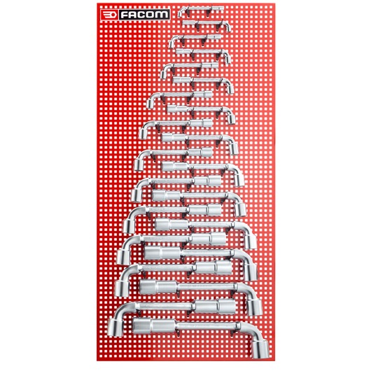 Facom socket wrench set 76P22M displayed on red pegboard, top view photography.