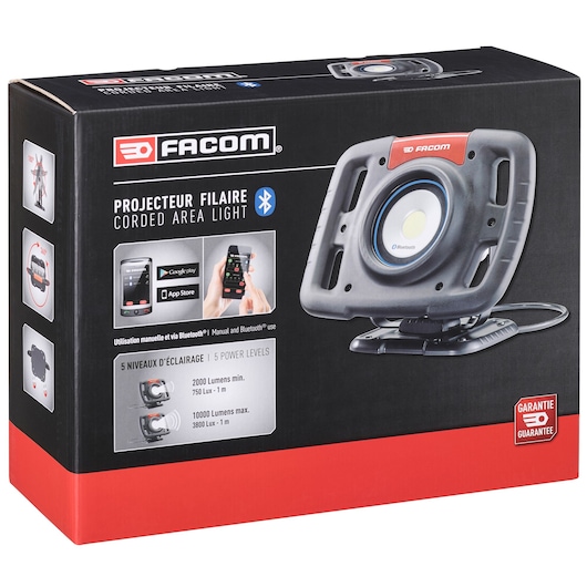Photo of Facom 777.SPOTBTPB corded area light packaging, black and red box with product image and Bluetooth feature.