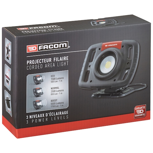 Facom 777_SPOTBT corded area light packaging, shows black and red work light with three power levels, side and front angles.
