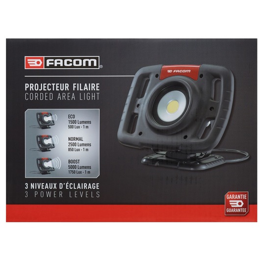 Facom 777_SPOTBT corded area light box front, shows black and red work light with three power levels.