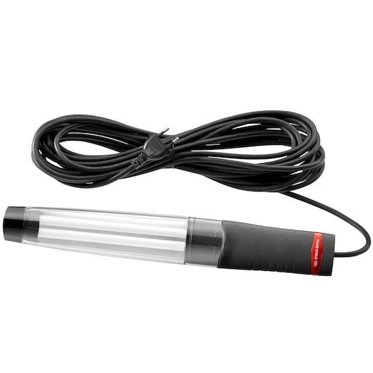 Facom 777B230F handheld work light with clear tube, black handle, and long black power cord, front angle.