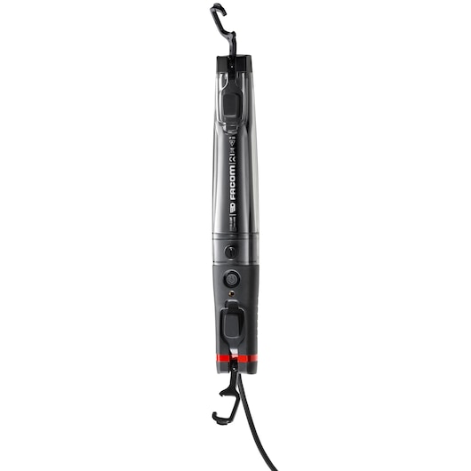 Photo of Facom 777B230F inspection lamp, black and red, front angle on white background.
