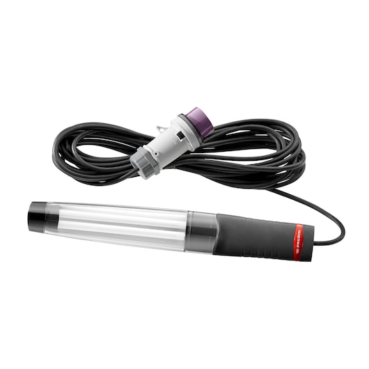 Facom 777B24F inspection lamp with black handle, clear tube, long black power cable, studio angle.
