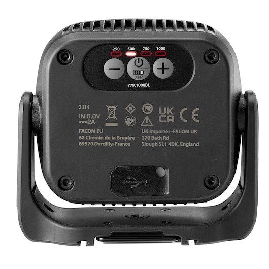Facom 779.1000BLPB work light rear view with control panel and USB charging port on white background.