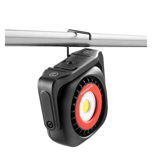 Facom 779.1000BLPB LED work light with black and red circular design, hanging on a metal rod, front angle.