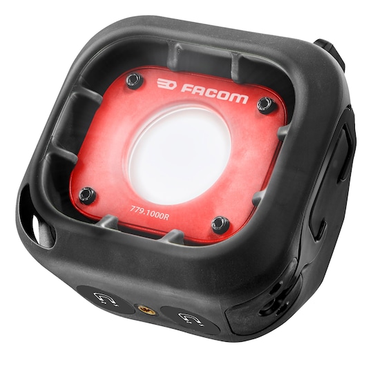 Facom 779.1000RPB portable LED work light, black and red, close-up angled view.