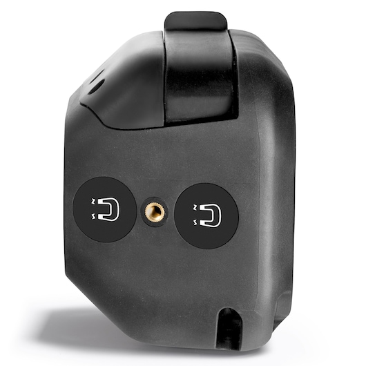 Facom 779.1000RPB black plastic device with two magnetic symbols and a threaded metal insert, rear angle.