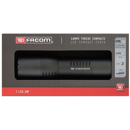 Facom 779.CBTPB LED compact torch, black, 3W, in retail packaging, product front view.