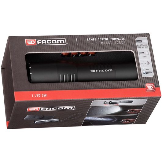 Photo of Facom 779.CBTPB LED compact torch in black cardboard packaging, shown at an angled view.