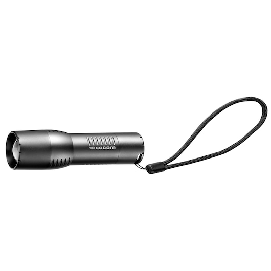Facom 779_CBT compact black flashlight with wrist strap, side view, on white background.