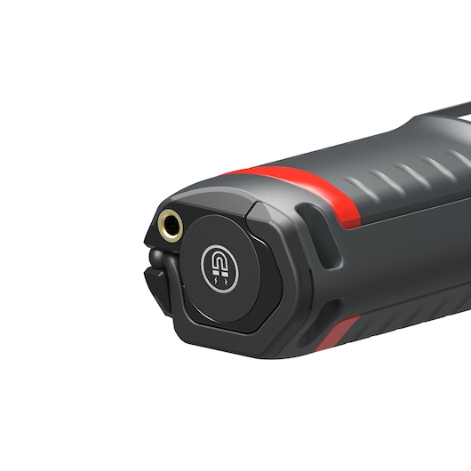 Facom 779.CL5PB power tool handle close-up, black and red grip with visible charging port, studio angle.