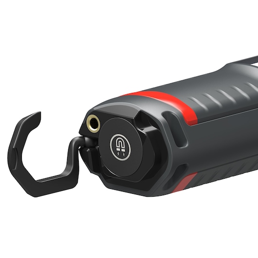 Facom 779.CL5PB work light with black hook, dark grey and red body, close-up angle on white background.