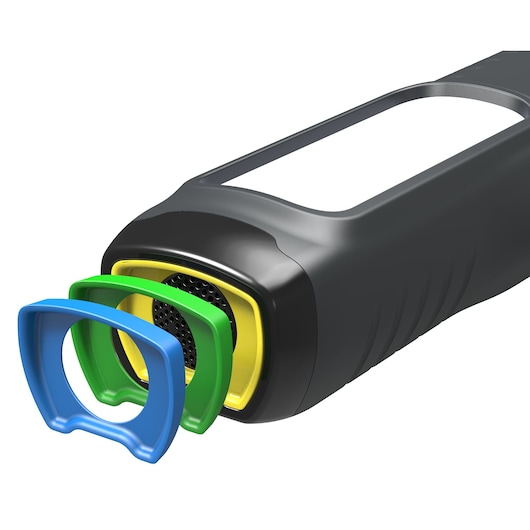 Facom 779.CL5PB electronic device handle with yellow, green, and blue interchangeable frames, close-up, white background.
