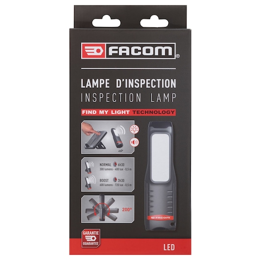 Facom 779.CL5PB inspection lamp retail box, LED model, front view with product features highlighted.