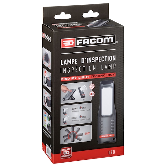 Photo of Facom inspection lamp 779.CL5PB retail box, black with red accents, showing lamp features and specifications.